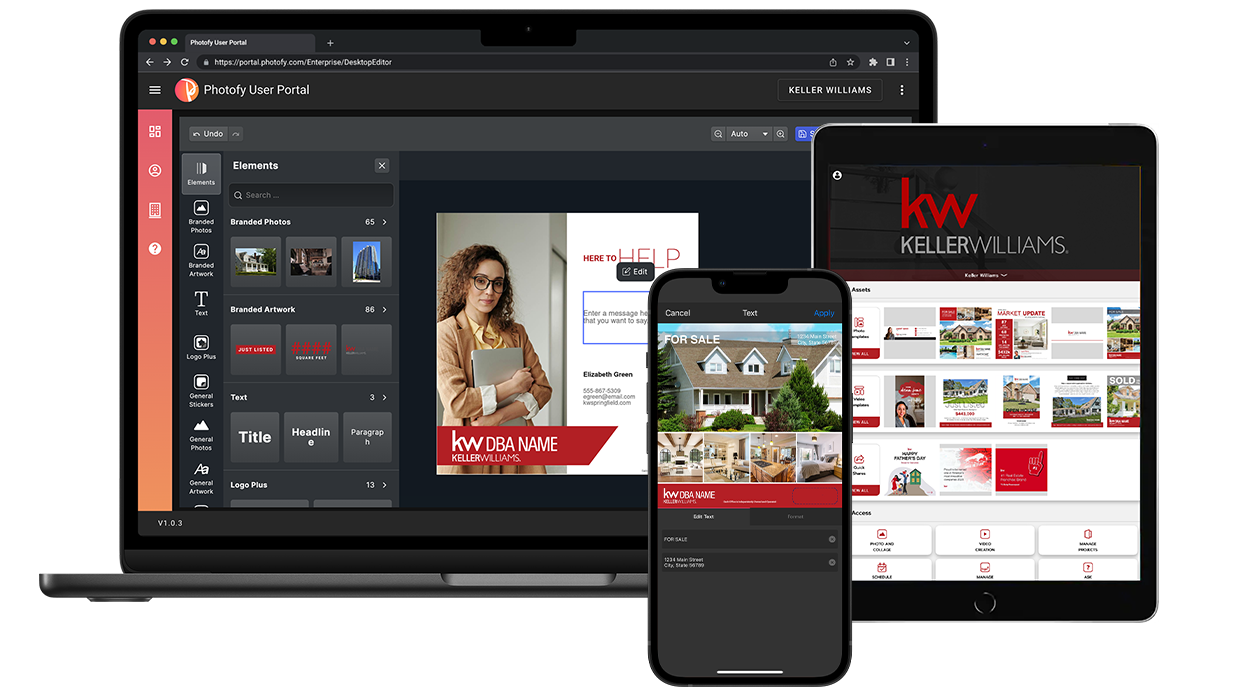 Photofy app on mobile and tablet for Keller Williams agents, offering streamlined content creation with exclusive desktop editing access for Photofy for Keller Williams subscribers.